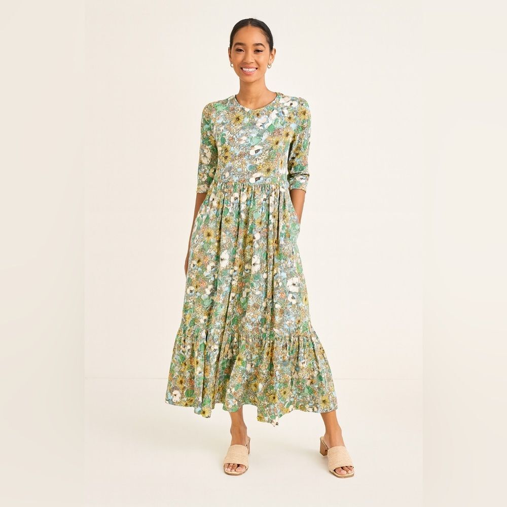 Altar PDX Houseline Floral Midi Dress Elbow Sleeves Made in USA Size Large